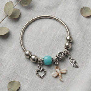 Enchanted Garden Dragonfly Charm Bracelet – Silver Plated Boho Bangle with Heart, Leaf, and Bead Charms – Nature Jewellery for Women & Girls