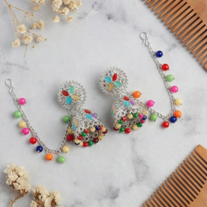 Silver-Toned Multicolor Enamel & Stone Jhumka Earrings with Beaded Kaan Chain for Festive Wear