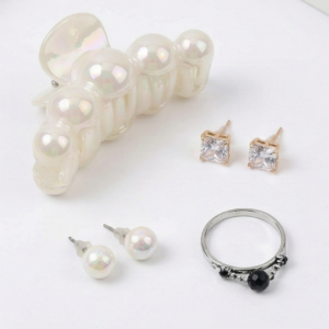 Birthday Special Jewellery Combo: Pearl Hair Clip, Ring, CZ & Pearl Earrings Gift Set for Her (4 Items)