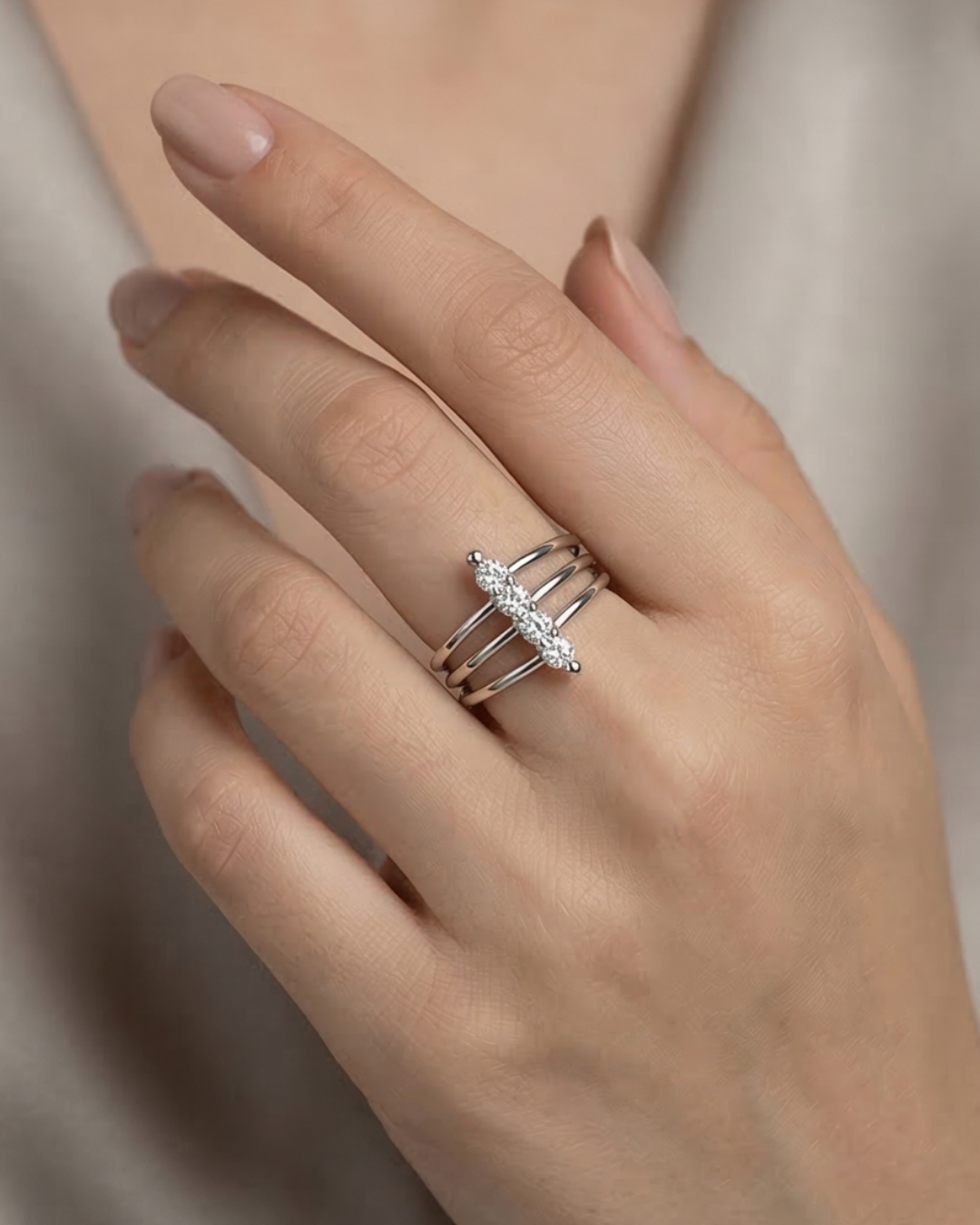 Silver-Tone Triple Layer Diamond-Style Fashion Ring - Image 3