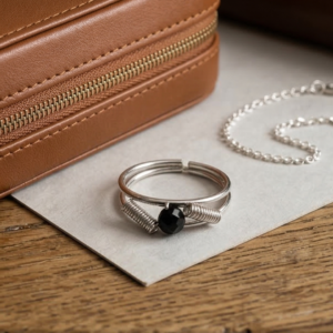 Black Crystal Solitaire Ribbed Ring