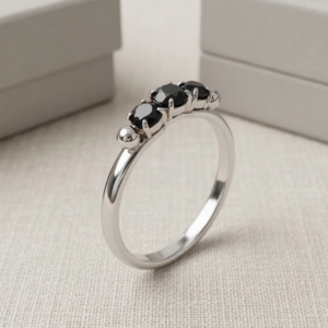 Silver-Tone Three-Stone Black Crystal Ring